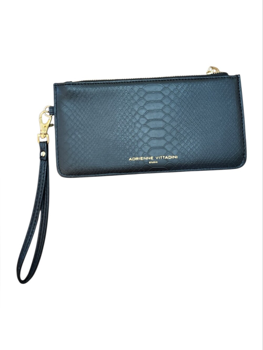 Adrienne Vittadini Black Embossed Wristlet Clutch Wallet With Gold Hardware Nwot